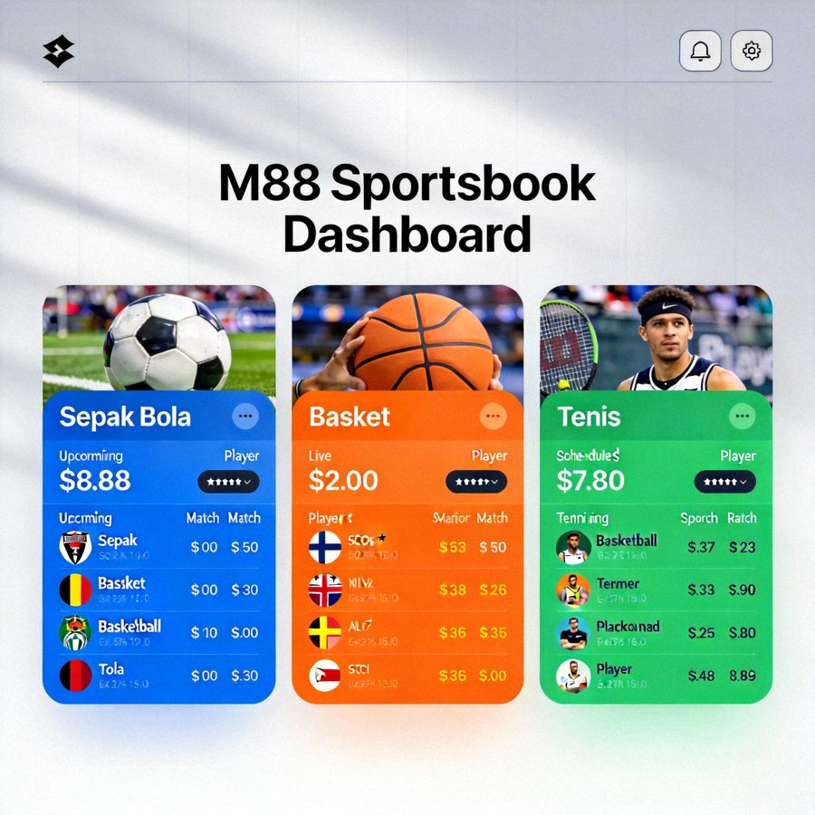 Dashboard sportsbook M88 untuk taruhan olahraga sepak bola, basket, dan tenis