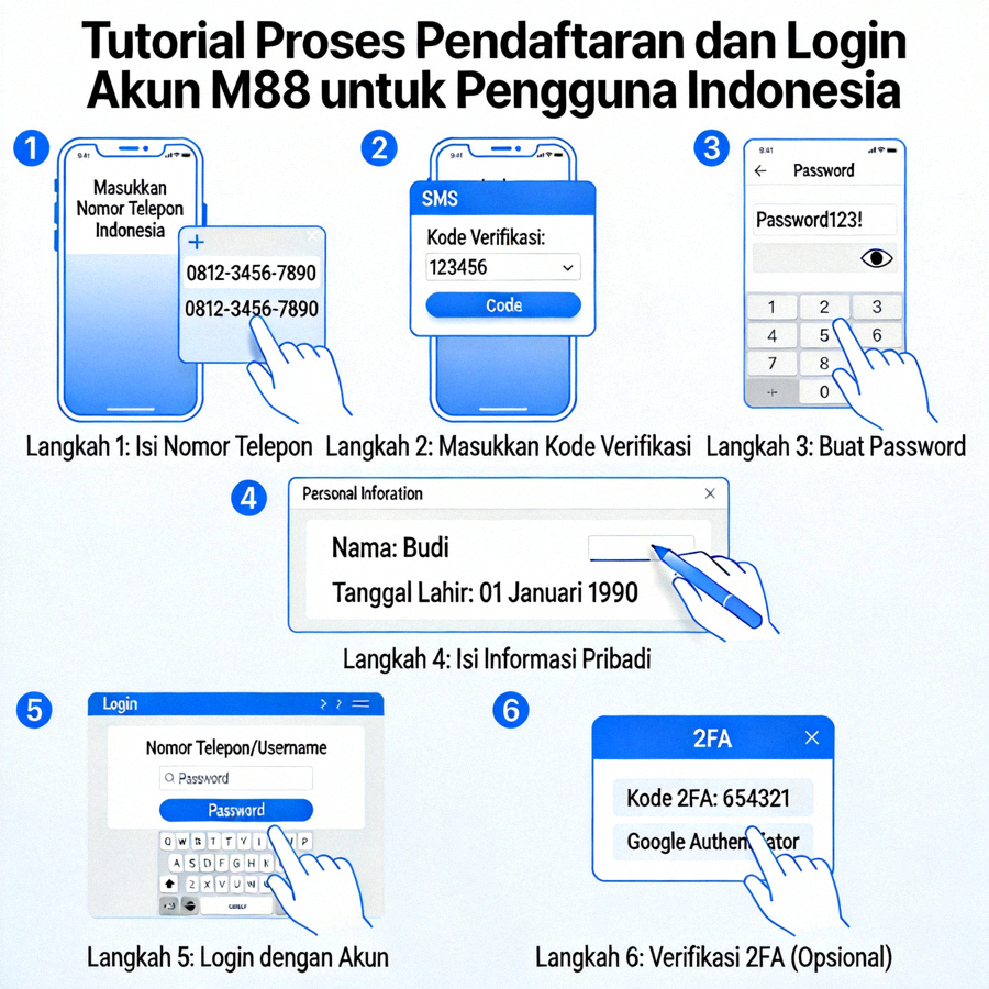 Tutorial visual proses pendaftaran dan login akun M88 untuk pengguna Indonesia